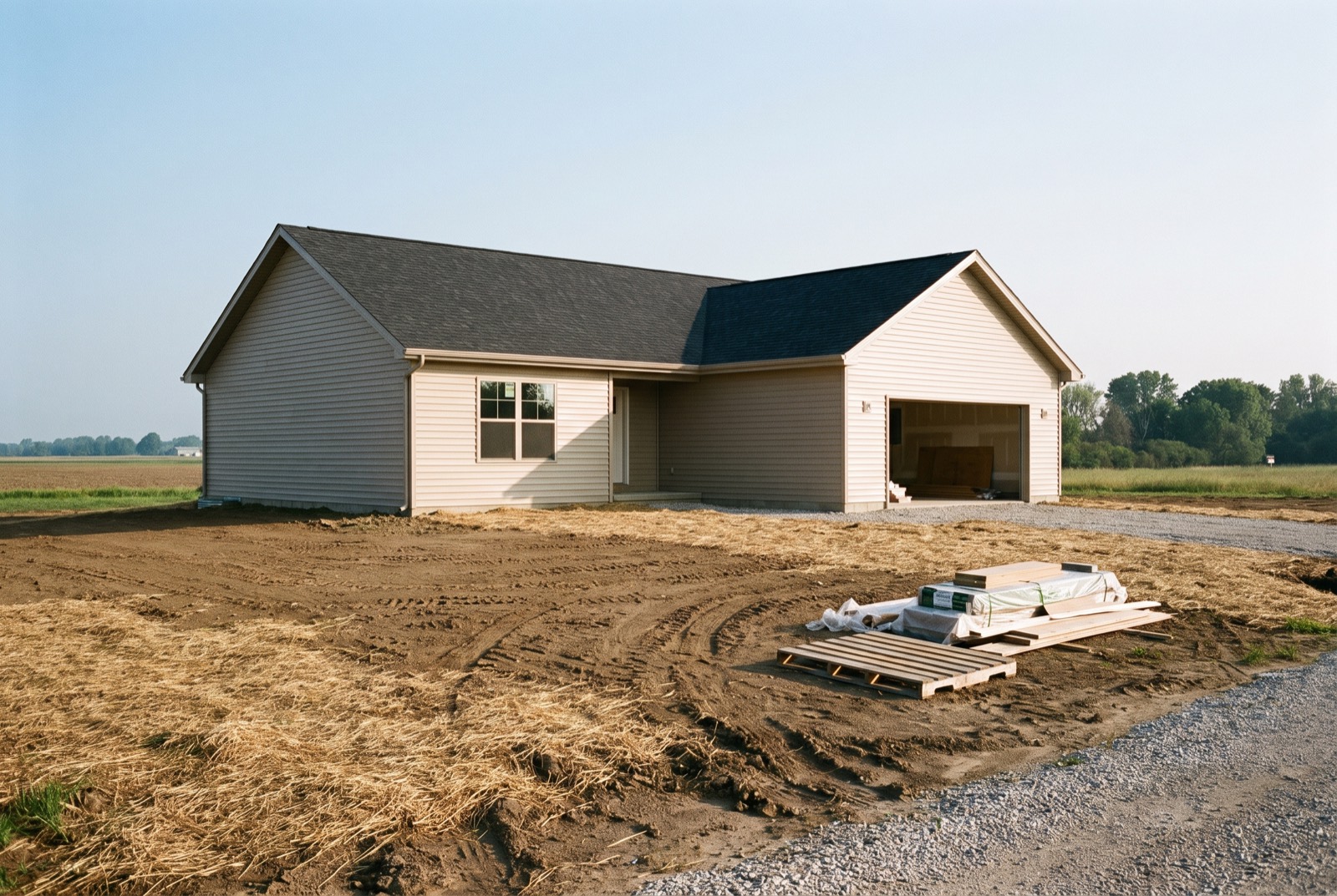 A newly built small house with fresh siding and a bare dirt yard